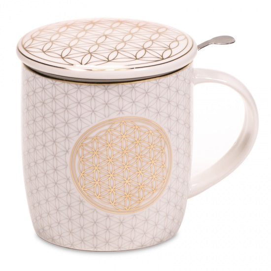 Teetassenset mit Deckel und Sieb - Blume des Lebens