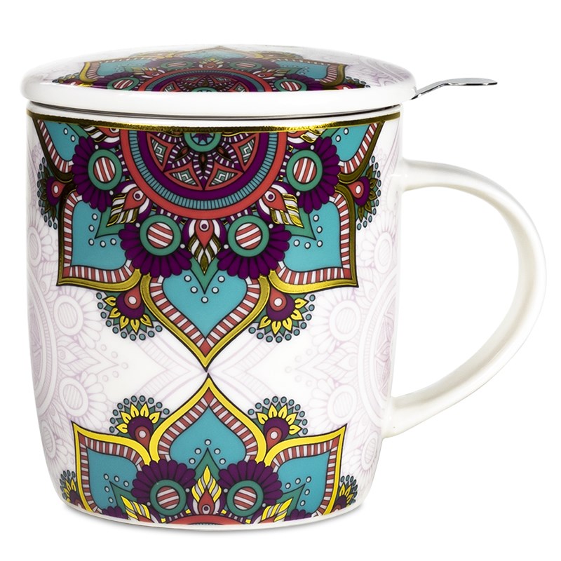 Teetassenset mit Deckel und Sieb - Mandala türkis